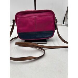 Tignanello Pink Navy Blue Pebbled Leather Crossbody Camera Bag Purse
